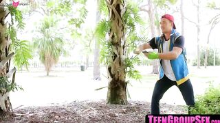 TeenGroupSex.com - Dude catches and fucks three PokÃ©mon cosplayer chicks