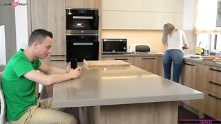 Shalina Devine is inside the kitchen with her stepson Nikki Nutz snapping pictures of her as she serves him breakfast.