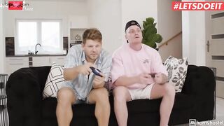 Happy gamer bros Share Big Tit Blonde Spectacle-wearing Freaky Roommate Inside Cum-filled 3 Way
