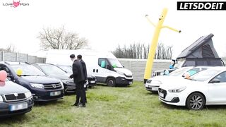 Abigaiil has three-way with two salesmen into the vehicle lot