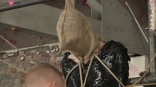 Bound and blind folded slave enjoys a handjob from master
