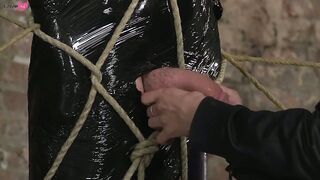 Bound and blind folded slave enjoys a handjob from master