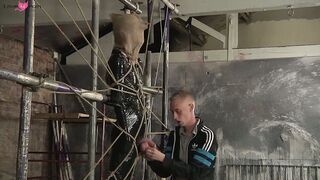 Bound and blind folded slave enjoys a handjob from master