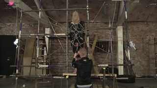 Bound and blind folded slave enjoys a handjob from master