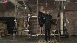 Bound and blind folded slave enjoys a handjob from master