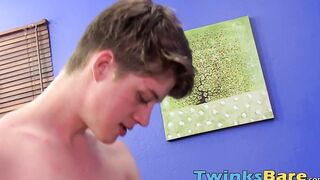 Skinny young twinks share blowjobs and bareback fuck for cum