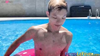 Sweet looking twink Kai Cho tugs his meaty bulge and cums all over himself