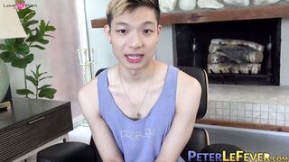 Sweet looking twink Kai Cho tugs his meaty bulge and cums all over himself