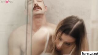 Horny guy caught by wife fucking their TS babysitter