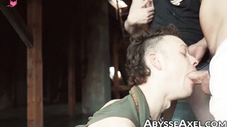 Hungry Axel Abysse sucked cock while being anal fist fucked in a wild spit roasting w