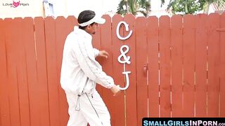 SmallGirlsInPorn.com - Tight Carolina Sweets learns to ride a massive cock roughly