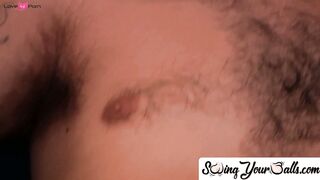 SwingYourBalls.com - Hairy gay with shaved balls strokes his cock while feasting on p