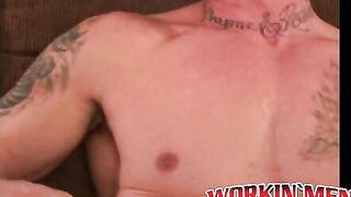 Interviewed stud seduced into jerking off and cumming solo