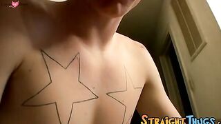 Tattooed straight thug jerks off his cock solo and cums