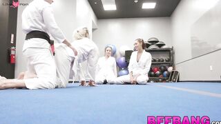 Naughty besties ride throbbing dick after their training