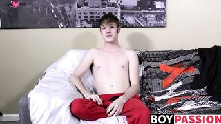Young man interviewed before plowing his ass with dildo