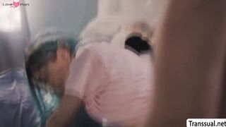 Horny TS plays her asshole using toy and big dick