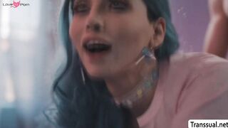 Horny TS plays her asshole using toy and big dick