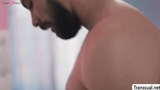 Horny TS plays her asshole using toy and big dick