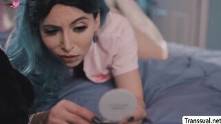 Horny TS plays her asshole using toy and big dick