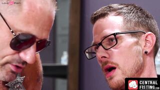 CentralFisting.com - Mature gay assists his young lover to a powerful cum with fistin