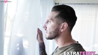 Tiny Natalie Brooks repays neighbor by riding his huge cock
