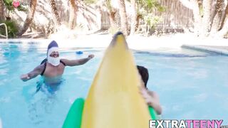 Tiny Natalie Brooks repays neighbor by riding his huge cock