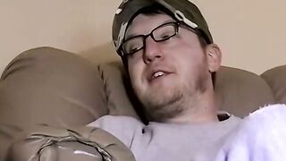 JoeSchmoeXXX.com - Cute amateur Jack with glasses jerks off on a leather sofa