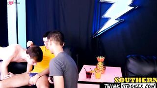TwinkStrokes.com - Twink threesome with hot blowjobs and big cock bareback fucking