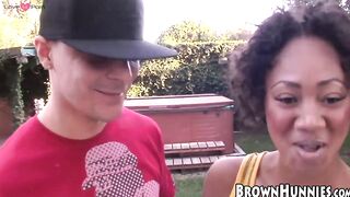 Cute ebony babe Evanni Solei drilled hardcore after sucking cock