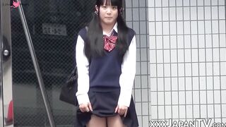 Broad porn video – Little Japanese schoolgirl toys pussy over panties in public