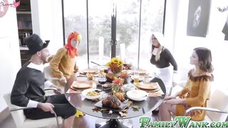 Thanksgiving cosplay hardcore foursome ends with cum facials