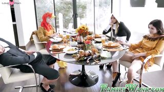 Thanksgiving cosplay hardcore foursome ends with cum facials