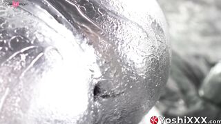 Yoshi Kawasaki and daddy Shusaku are covered in silver paint while breeding intensly