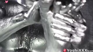 Yoshi Kawasaki and daddy Shusaku are covered in silver paint while breeding intensly