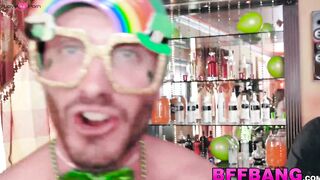 Costumed girlfriends facialized after fucking big cock 4way