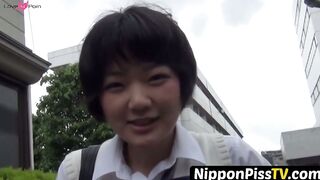 NipponPissTV.com - Pretty Japanese babe with hairy pussy pissing hard outdoors