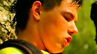 Big dick jock sucked off before outdoor anal threesome