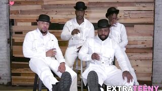 Delectable small girl fucks with four black studs at once
