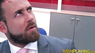 Bearded businessman Logan Moore fucked raw after hot blowjob