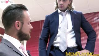 Bearded businessman Logan Moore fucked raw after hot blowjob