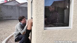 Delivery girl Ember Snow roughly fucked in a threeway session with lustful Jay Romero