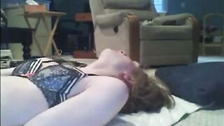 Sissy cums on self while dressed up