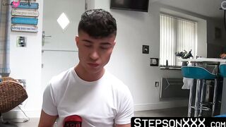 I splatter my cum on my abs after my hung stepdad James Keresford barefucks me