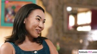 Asian teen scissoring with busty stepmom