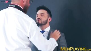 Bearded hunk Kike Gil sucks rock hard cock from classy hunk