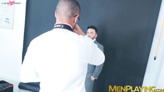 Bearded hunk Kike Gil sucks rock hard cock from classy hunk