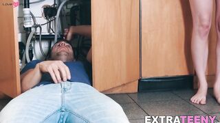 Small tantalizing girl fucks with plumber while he works