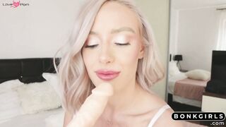 Blonde babe squirting in bed. Blowjob, masturbation and BDSM.