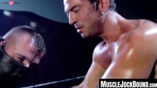MuscleJockBound.com - Bound wrestler dominated and tormented by his tattooed opponent